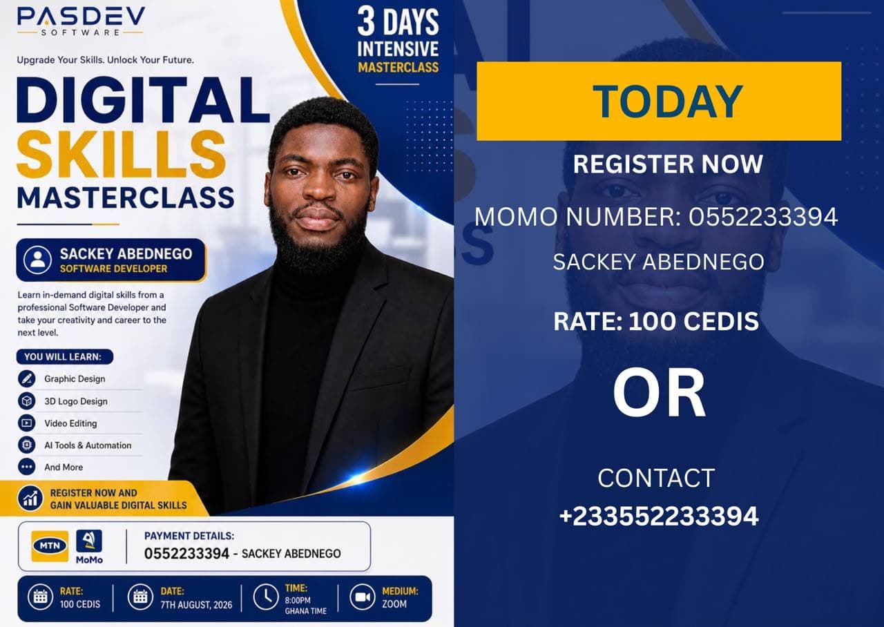 Digital Skills Masterclass flyer featuring instructor Sackey Abednego and registration details.