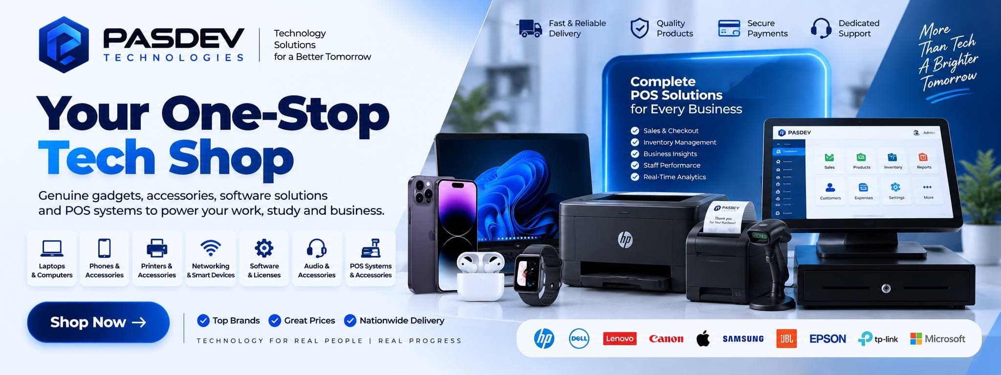 PASDEV Technologies: Your One-Stop Tech Shop. Genuine gadgets, accessories, software solutions and POS systems for work, study and business. Fast and reliable delivery, quality products, secure payments and dedicated support, with laptops, phones, printers and POS equipment from HP, Dell, Lenovo, Canon, Apple, Samsung, JBL, Epson, tp-link and Microsoft.